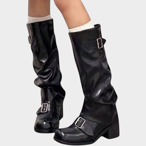 Women’s Knee High Slouch Boots Block Heel Buckle Detail
