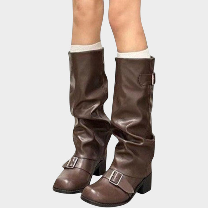 Women’s Knee High Slouch Boots Block Heel Buckle Detail