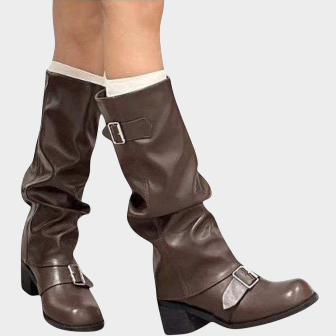 Women’s Knee High Slouch Boots Block Heel Buckle Detail