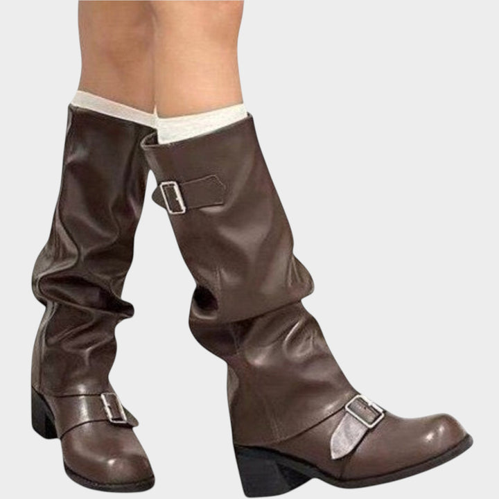 Women’s Knee High Slouch Boots Block Heel Buckle Detail