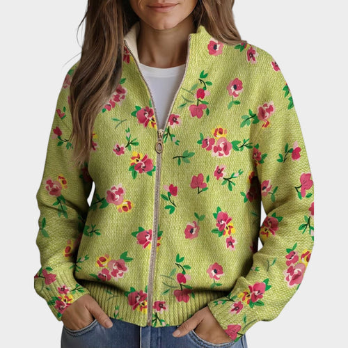 Women’s Floral Cardigan Pink Green Colourblock Zip