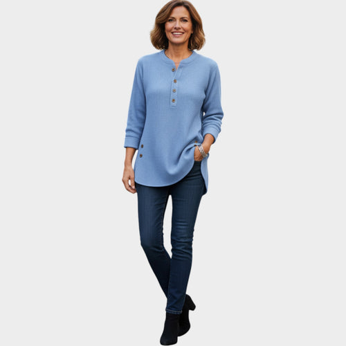Women's Henley Knit Sweater Button Neck Long Sleeve