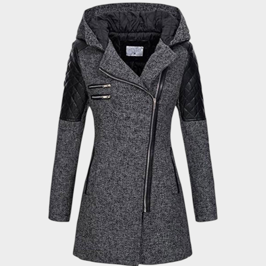Women’s Hooded Coat Asymmetric Zip Front Quilted Sleeves