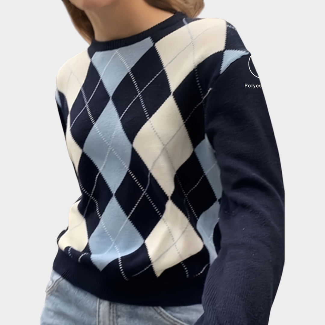 Women’s Knit Sweater Crew Neck Argyle Print  Long Sleeve