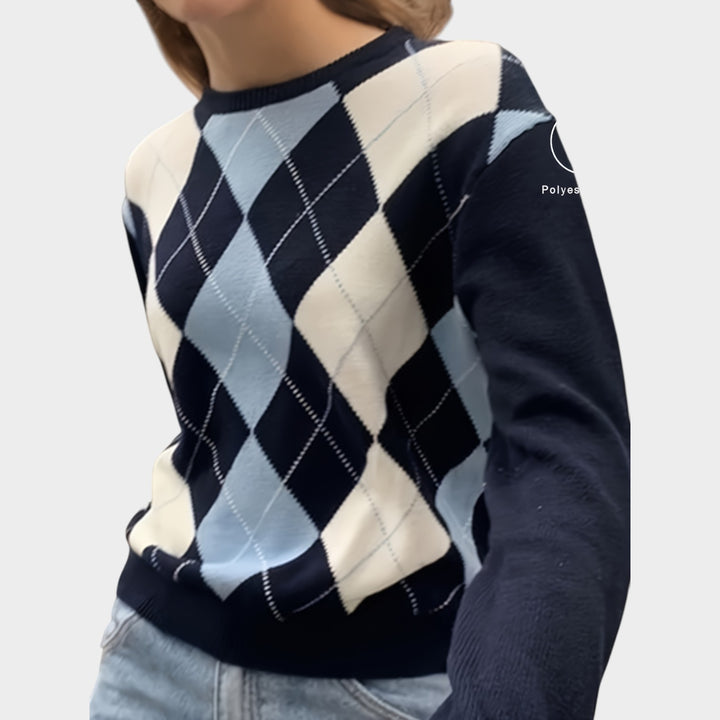 Women’s Knit Sweater Crew Neck Argyle Print  Long Sleeve