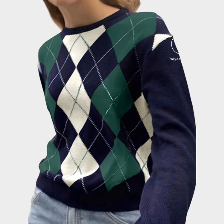 Women’s Knit Sweater Crew Neck Argyle Print  Long Sleeve