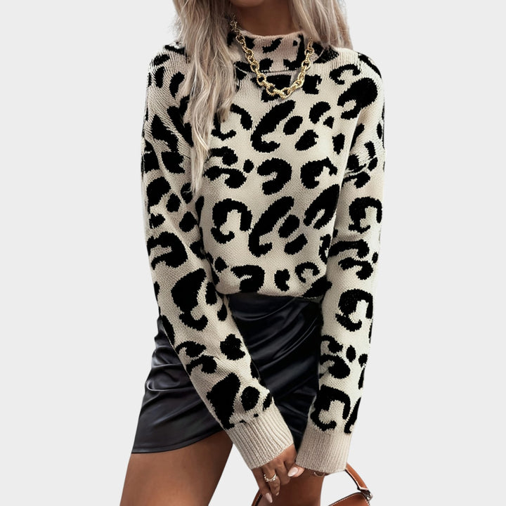 Women’s Knit Sweater Mock Neck Leopard Print Drop Shoulder