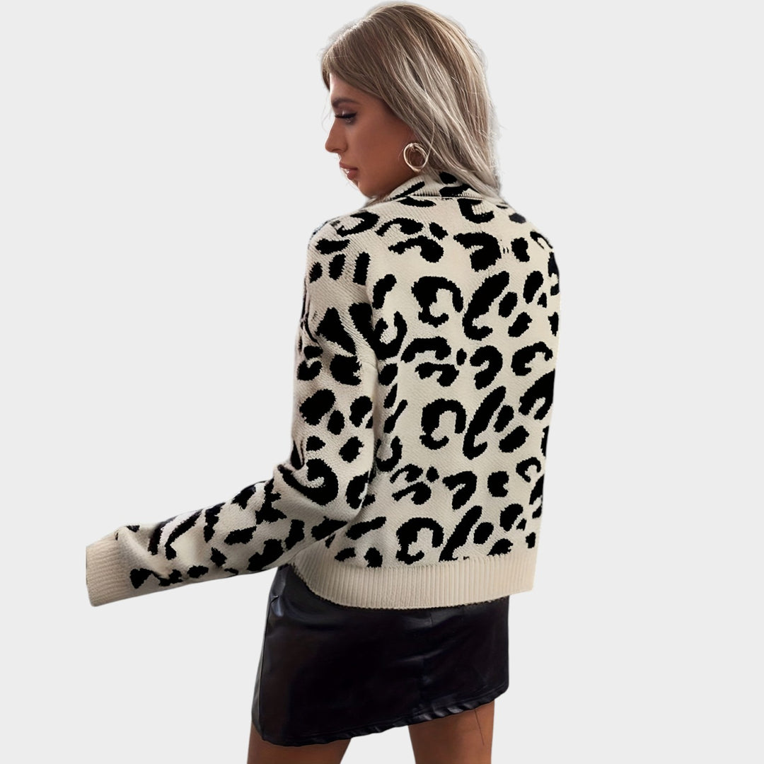 Women’s Knit Sweater Mock Neck Leopard Print Drop Shoulder