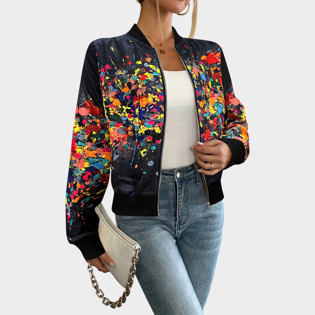 Women’s Bomber Jacket Casual Multicolor Abstract Print Zip Up