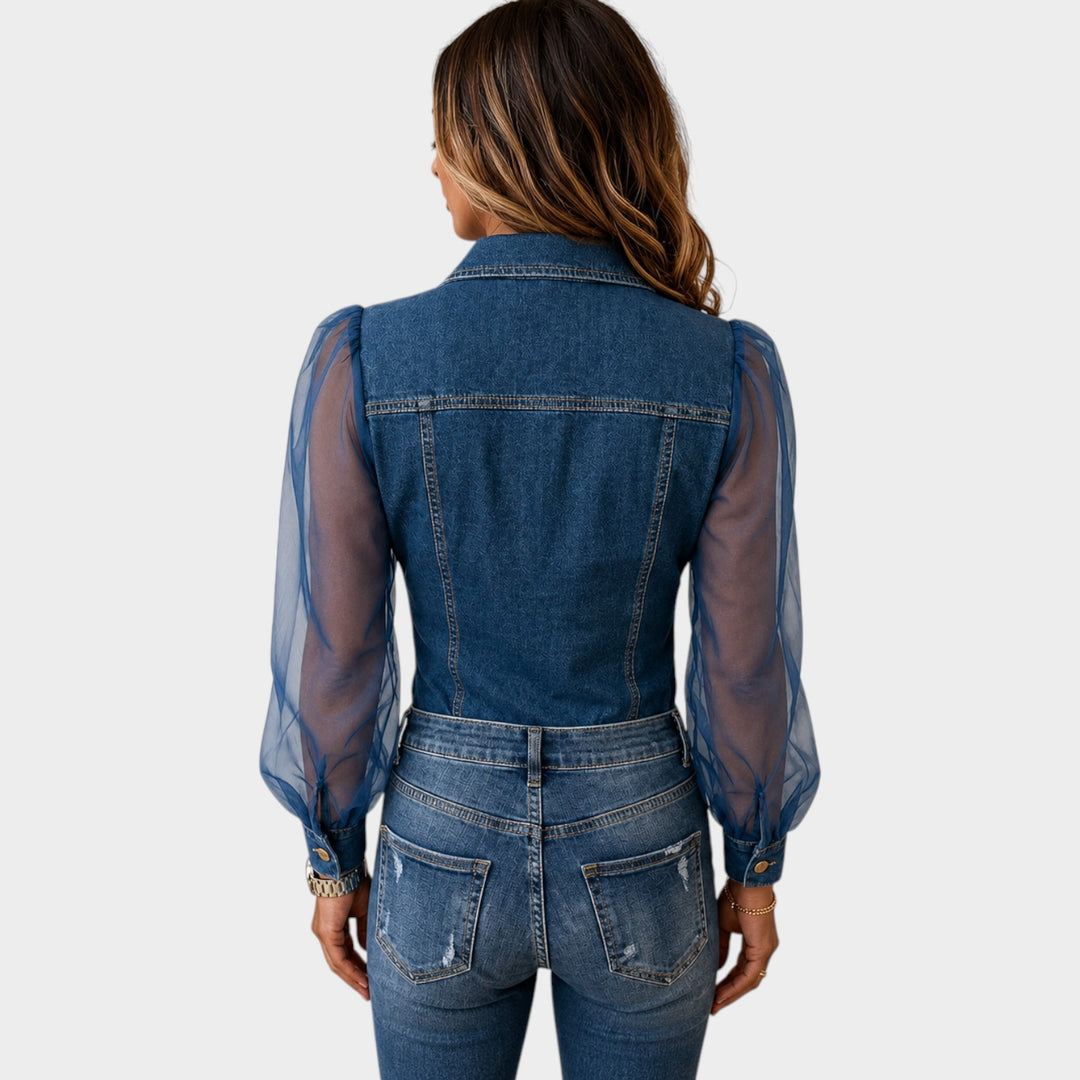 Women’s Denim Blouse with Sheer Sleeves