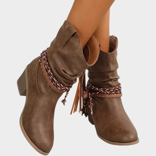 Women's Western Ankle Boots Braided Strap Casual Style