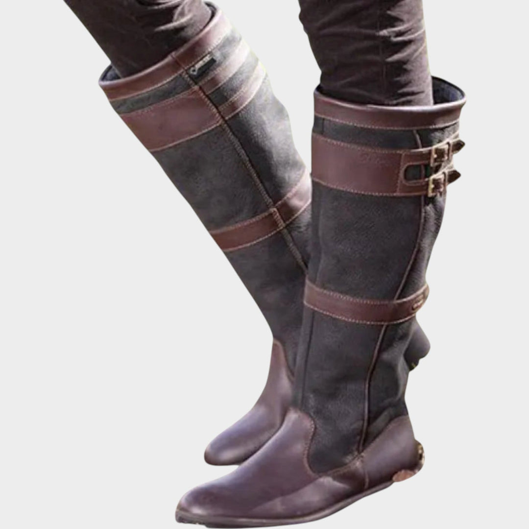 Knee High Leather Riding Boots with Buckle Detail