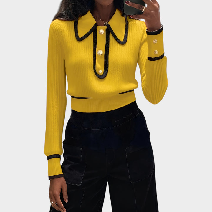 Women’s Knit Sweater Spliced Lapel Metal Button Detail