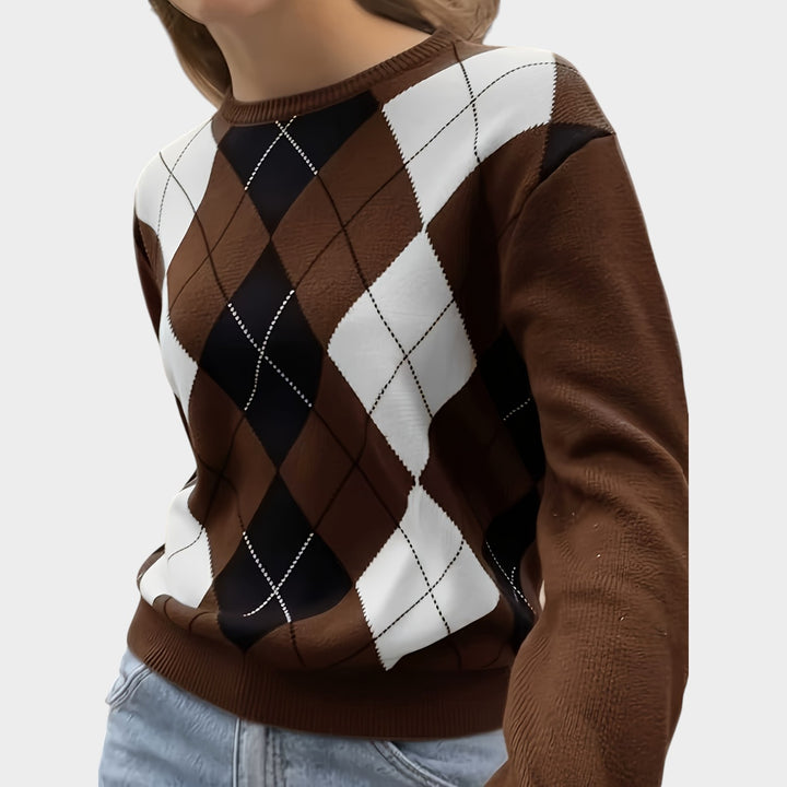 Women’s Knit Sweater Crew Neck Argyle Print  Long Sleeve