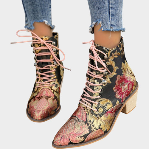 Women’s Ankle Boots Floral Embroidered Block Heel