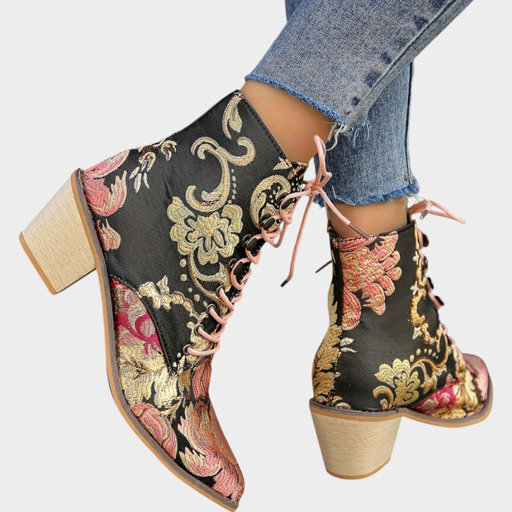 Women’s Ankle Boots Floral Embroidered Block Heel
