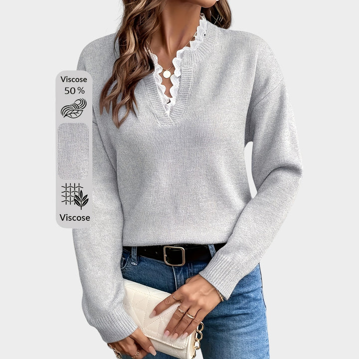 Women’s Knit Sweater Lace Collar Drop Shoulder Long Sleeve