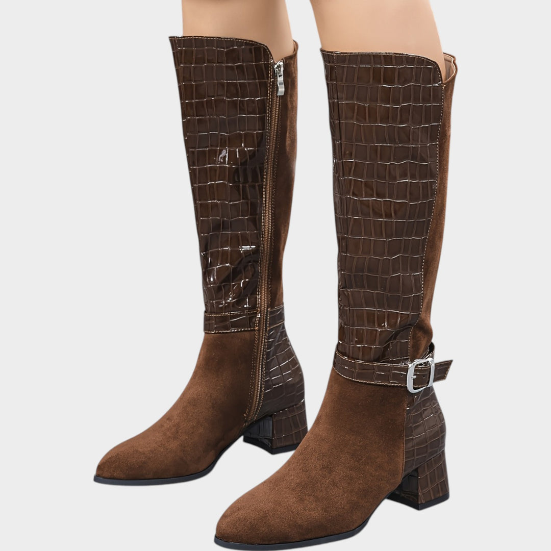 Women’s Knee High Boots Pointed Toe Chunky Heel Side Zip