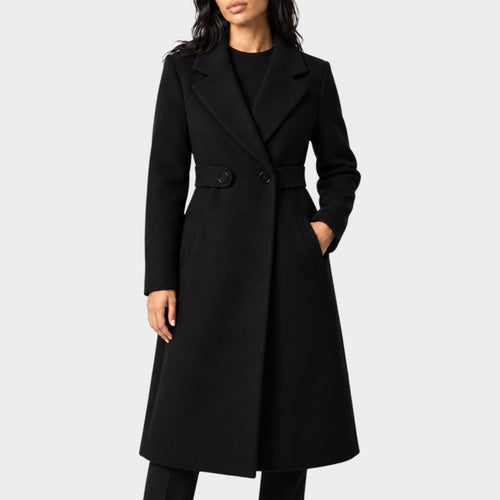 Women's Long Wool Coat Belted Waist Side Pockets