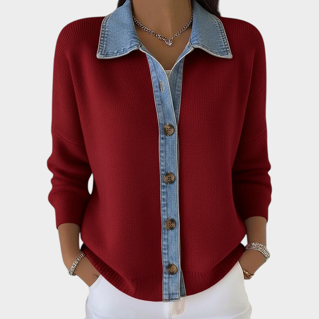 Women’s Knit Cardigan Polo Collar Denim Patch Button Front