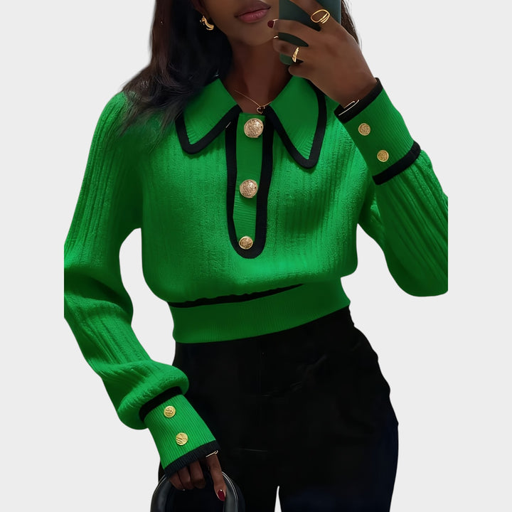 Women’s Knit Sweater Spliced Lapel Metal Button Detail