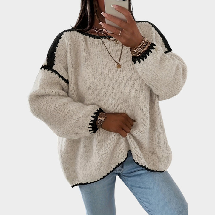 Women’s Knit Sweater Solid Contrast Boat Neck Loose Fit