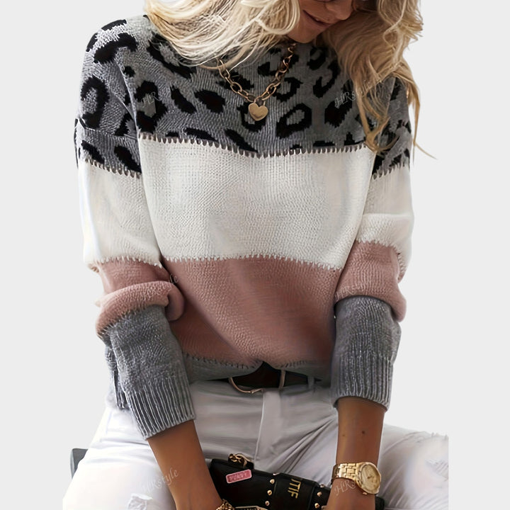 Women’s Knit Sweater Leopard Print Color Block Long Sleeve