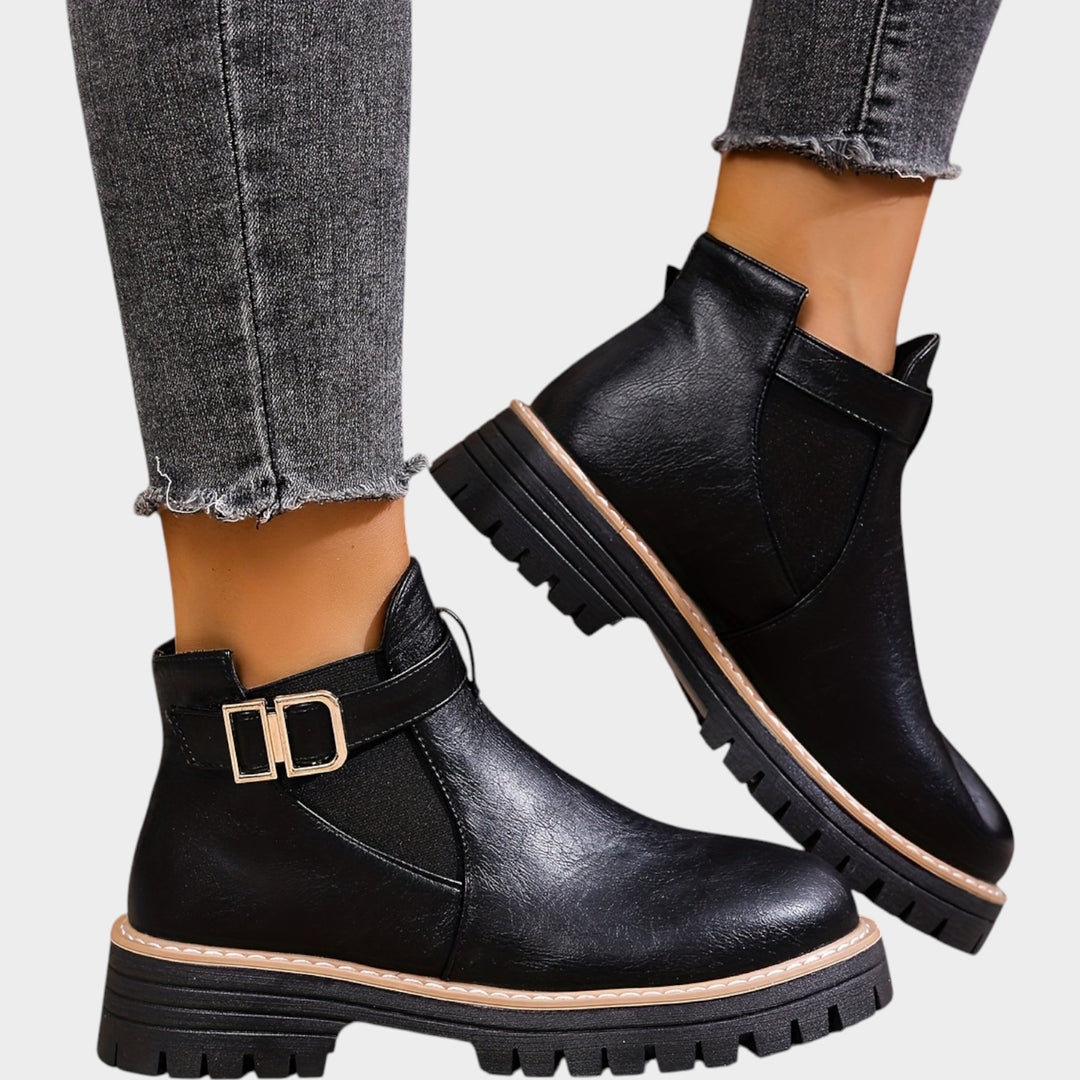 Women’s Chelsea Boots Chunky Heel Metal Buckle Thick Sole