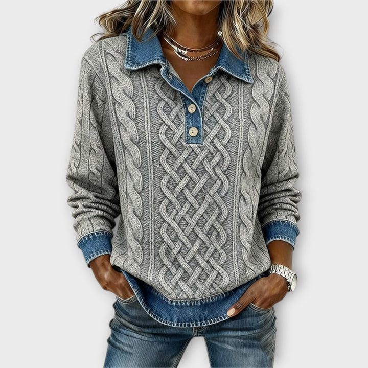 Denim-Collar Cable Knit Sweater