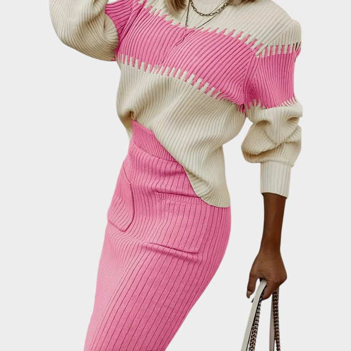 Women’s Ribbed Two Piece Set Color Block Knit Sweater