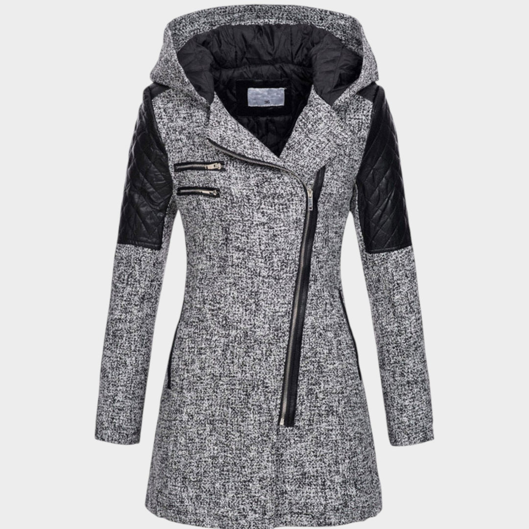 Women’s Hooded Coat Asymmetric Zip Front Quilted Sleeves