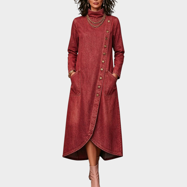 Women’s Denim Maxi Dress High Neck Diagonal Button Front