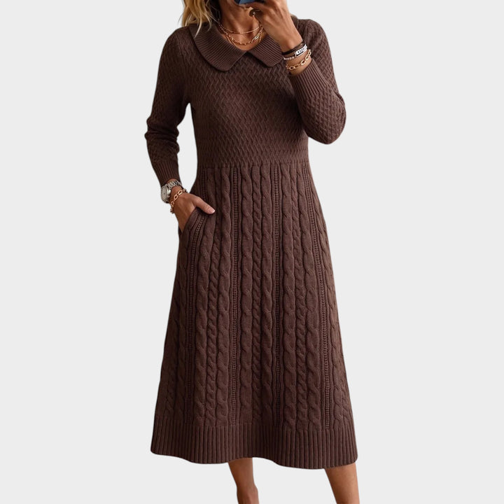 Women’s Cable Knit Sweater Dress Collared Midi Style