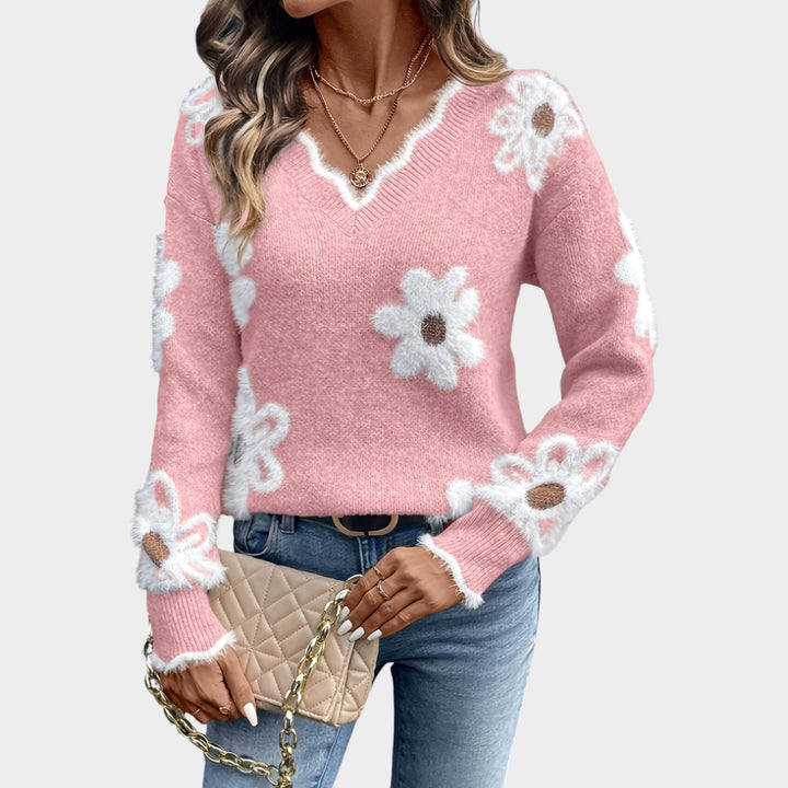 Women’s Knit Sweater Floral Pattern Long Sleeve Classic Style