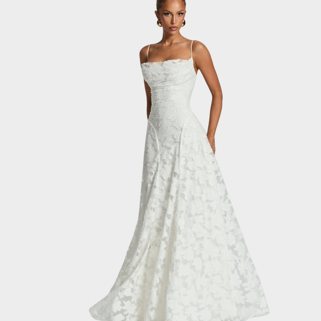 Formal Strapless Floral Lace Maxi Dress