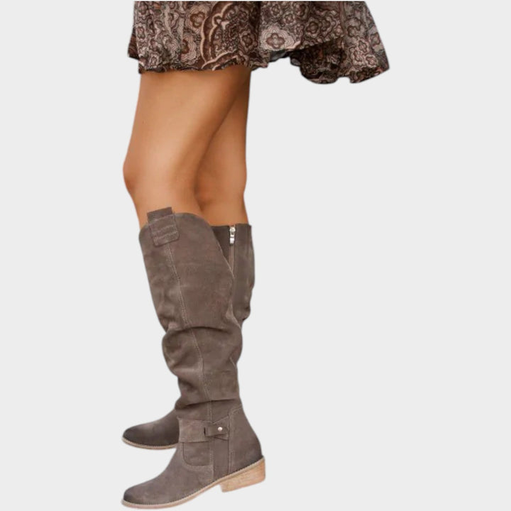 Knee High Suede Slouch Low Heel Boots