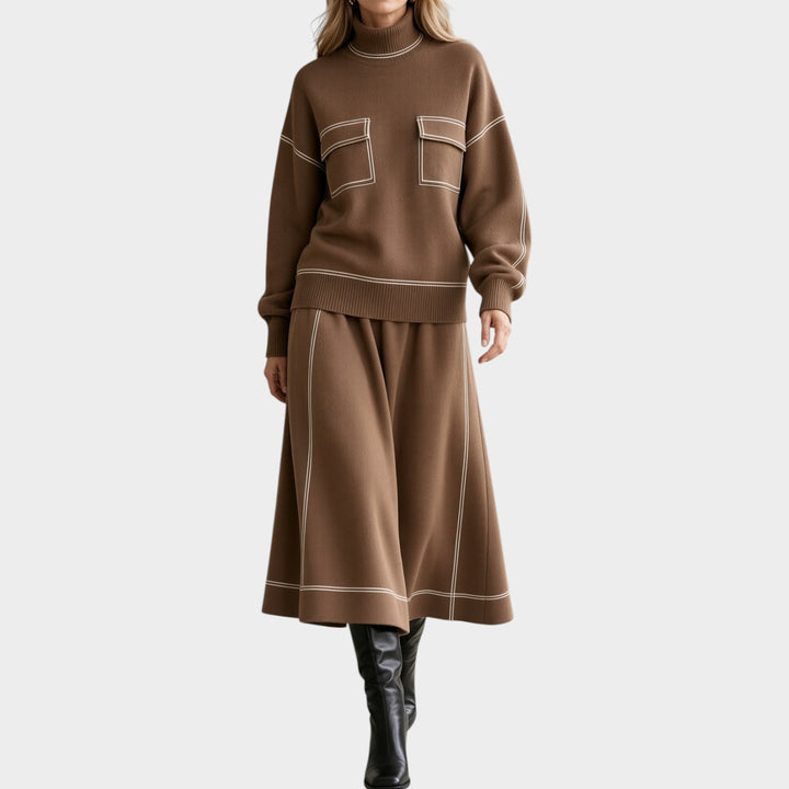 Women’s Knit Two Piece Set Turtleneck Sweater Midi Skirt