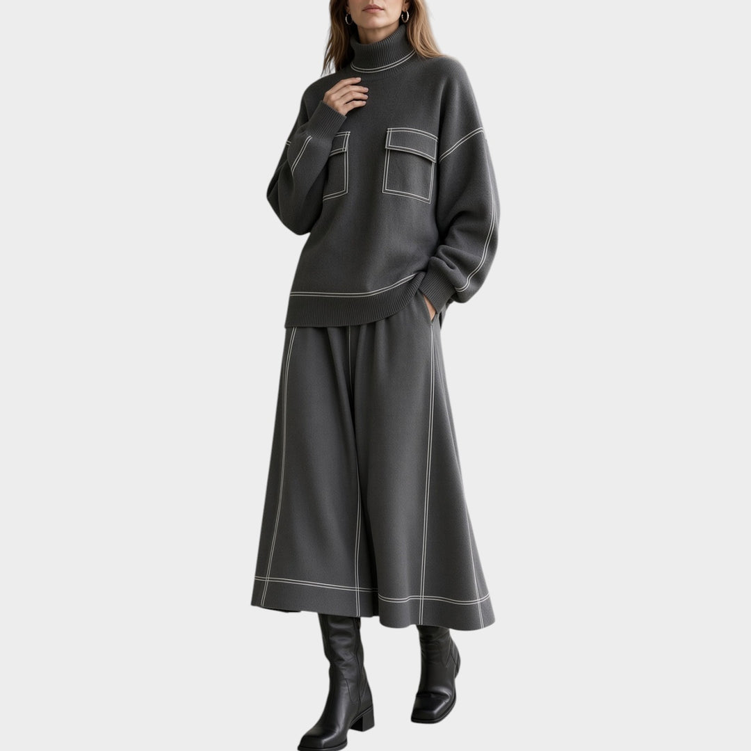 Women’s Knit Two Piece Set Turtleneck Sweater Midi Skirt