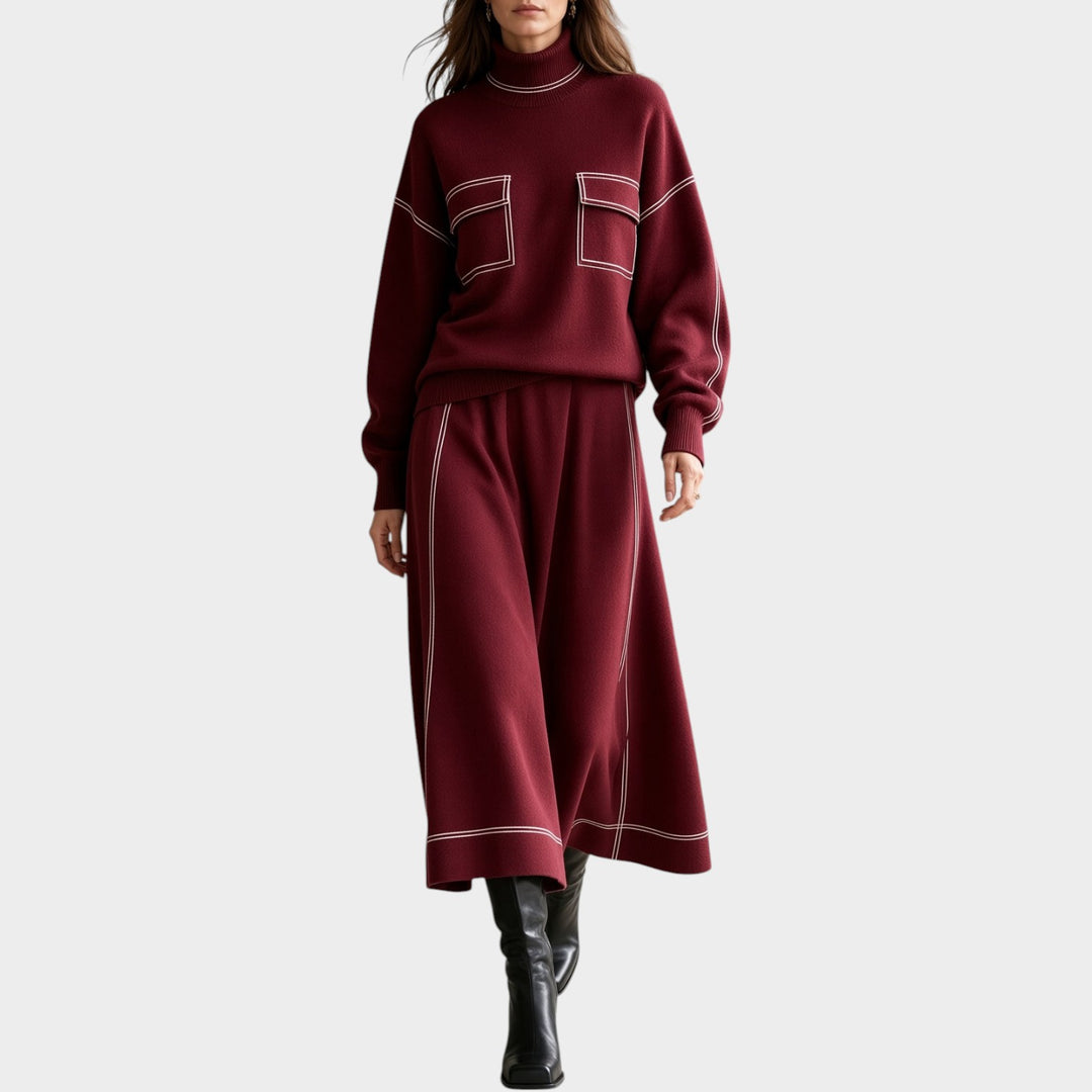 Women’s Knit Two Piece Set Turtleneck Sweater Midi Skirt