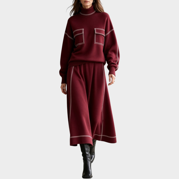 Women’s Knit Two Piece Set Turtleneck Sweater Midi Skirt