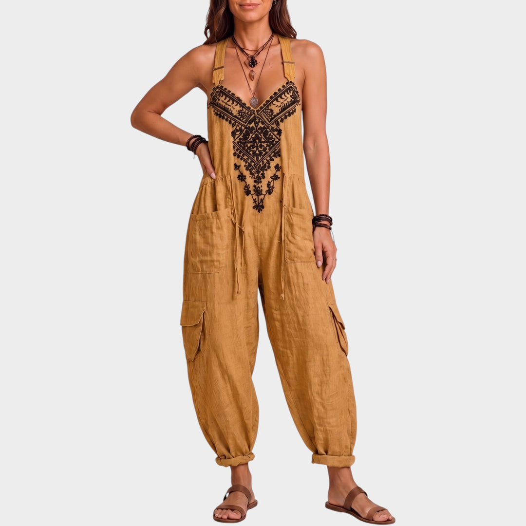 Women’s Wide Leg Jumpsuit Bohemian Decorative Trim