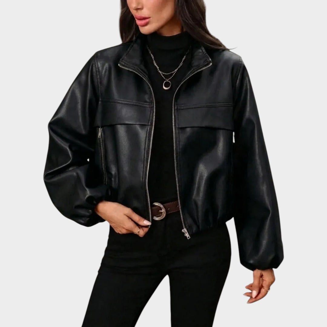 Women’s Cropped Leather Jacket with Zip Pockets