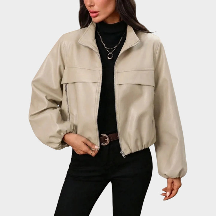 Women’s Cropped Leather Jacket with Zip Pockets