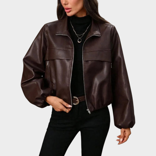 Women’s Cropped Leather Jacket with Zip Pockets