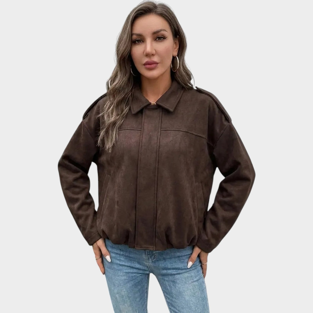 Women’s Suede Bomber Jacket Large Pockets Casual Style
