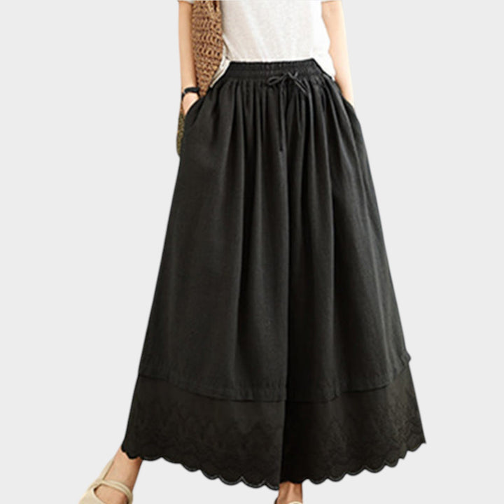 Lace Hem Cotton Culottes | High Waist Wide Leg Trousers