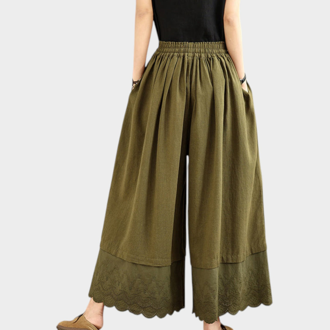 Lace Hem Cotton Culottes | High Waist Wide Leg Trousers