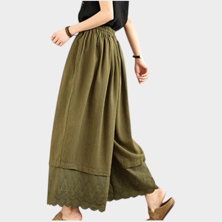 Lace Hem Cotton Culottes | High Waist Wide Leg Trousers