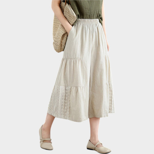Women's Linen Culottes | Wide Leg Lace Trim Trousers