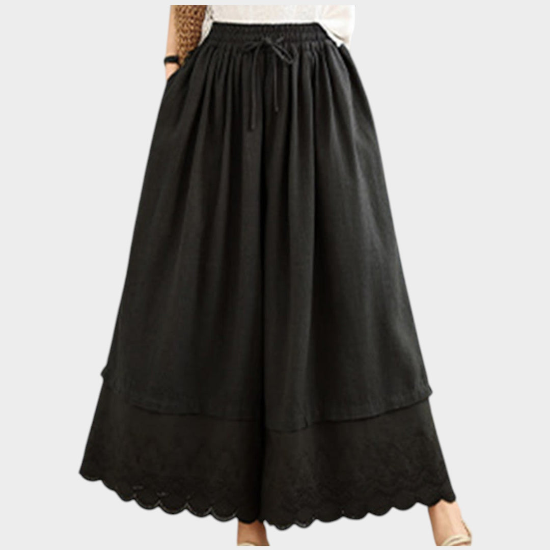 Lace Hem Cotton Culottes | High Waist Wide Leg Trousers